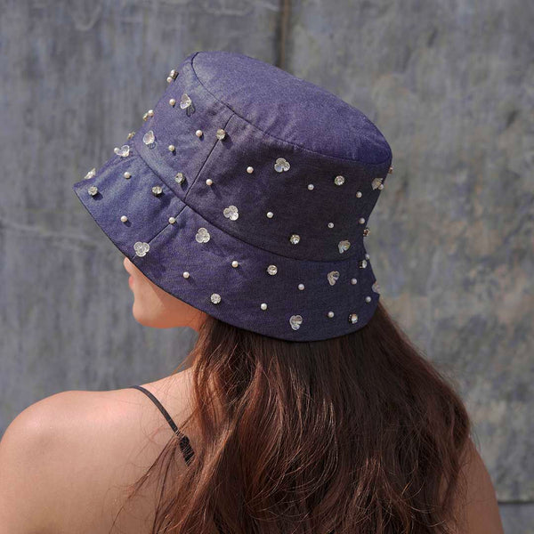 Denim Embellished Bucket Hat - Dark Blue
