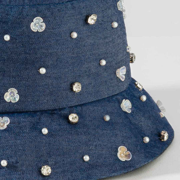 Denim Embellished Bucket Hat - Dark Blue