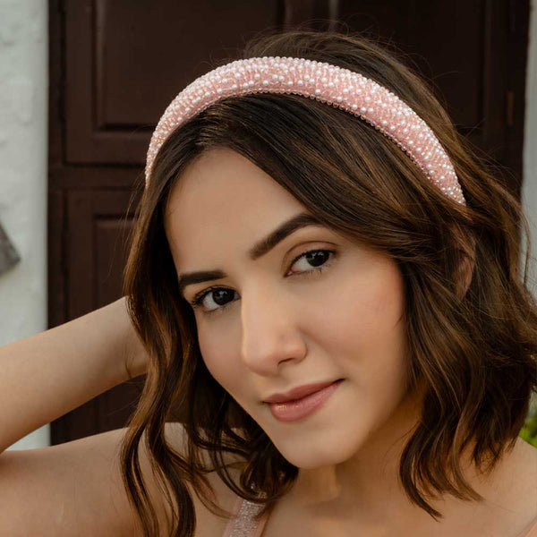 Pearls & Crystals Puff Hair Band - White & Pink