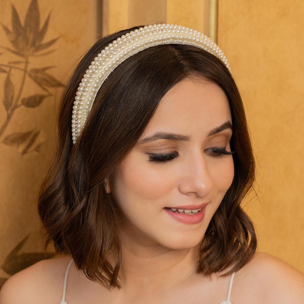 Pearls & Crystal Puff Hair Band - White