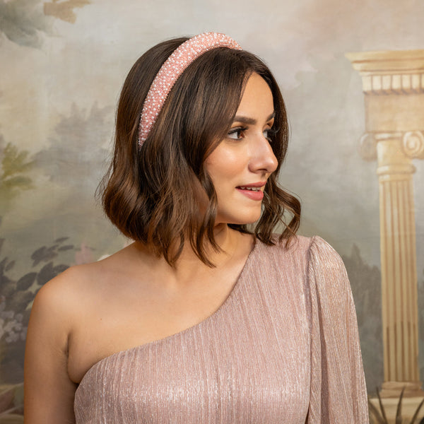 Pearls & Crystals Puff Hair Band - White & Pink