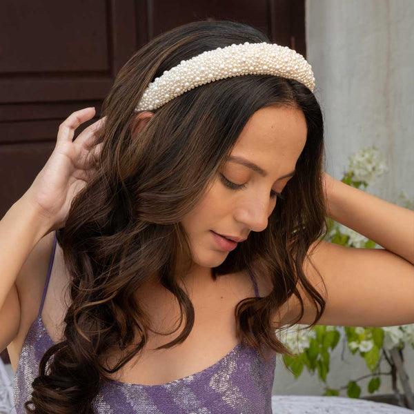 Pearl Puff Hair Band - White