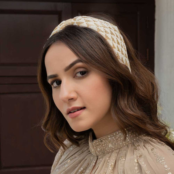 Selene Knotted Hair Band - White & Gold