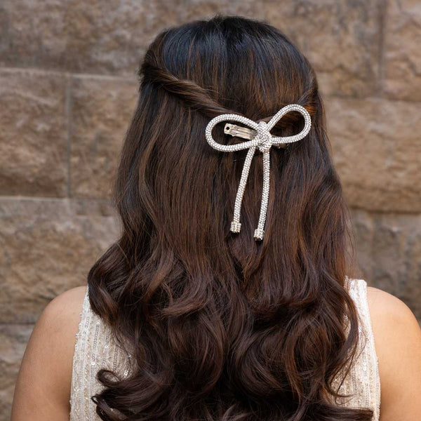 Crystal Hair Bow Barrette Clip - Silver