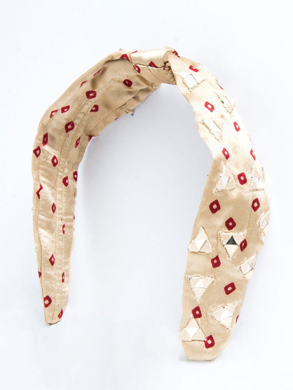 Bandhini with Mirror Work Knotted Headband-Beige - Hair Drama Company
