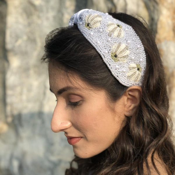 Shell & Pearl Knotted Headband- Black