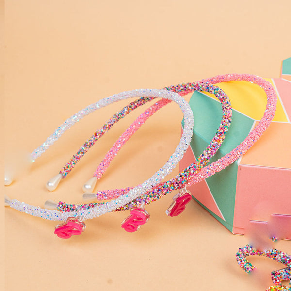 Barbie Glitter Gift Box with 3 Hair Bands and 3 Hair Bows - Pink & White