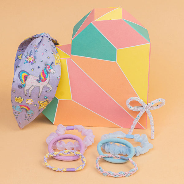 Purple Unicorn Gift Box with 1 Knotted Hair Band, 1 Glitter Hair Bow & 6 Hair Ties