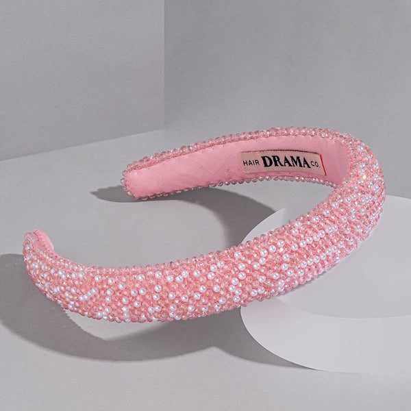 Pearls & Crystals Puff Hair Band - White & Pink
