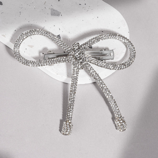 Crystal Hair Bow Barrette Clip - Silver