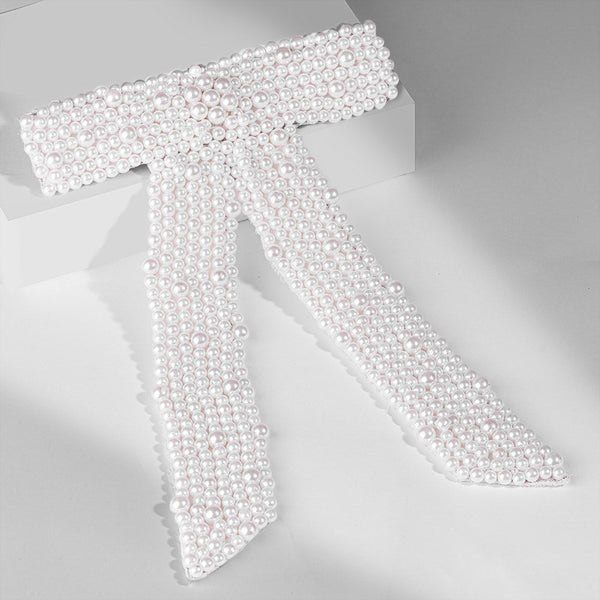 Embellished Pearl Hair Bow Barrette Clip - White