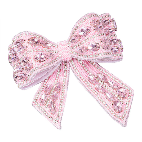 Embellished Crystal Hair Bow Barrette Clip - Pink