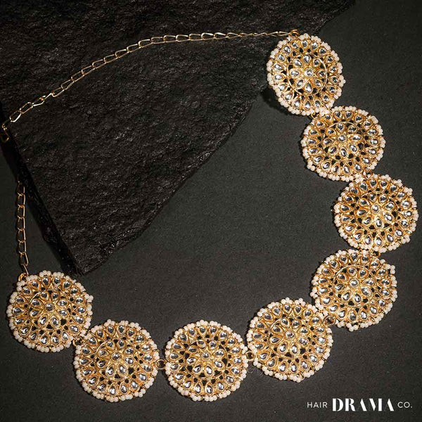 Gold-Plated Kundan, Polki and Pearls Studded Circular Head Chain