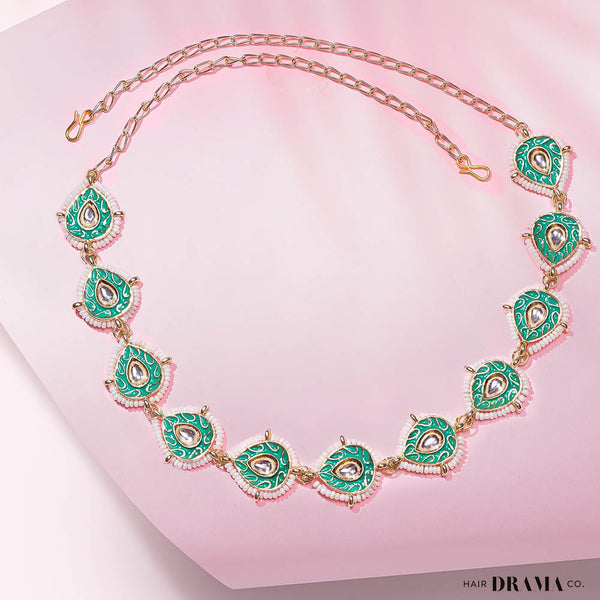 Gold-PlatedWhite Kundan & Polki Head Chain - Turquoise Green