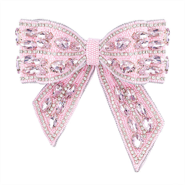 Embellished Crystal Hair Bow Barrette Clip - Pink