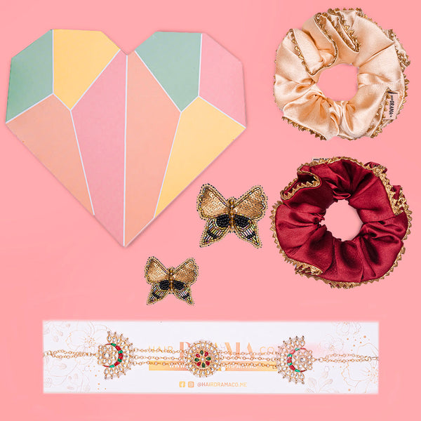Desi Drama Gift Box with 1 Head Chain, 2 Pearl Scrunchies and 2 Embroidered Hair Pins - Red & Gold