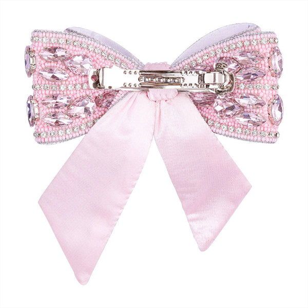 Embellished Crystal Hair Bow Barrette Clip - Pink