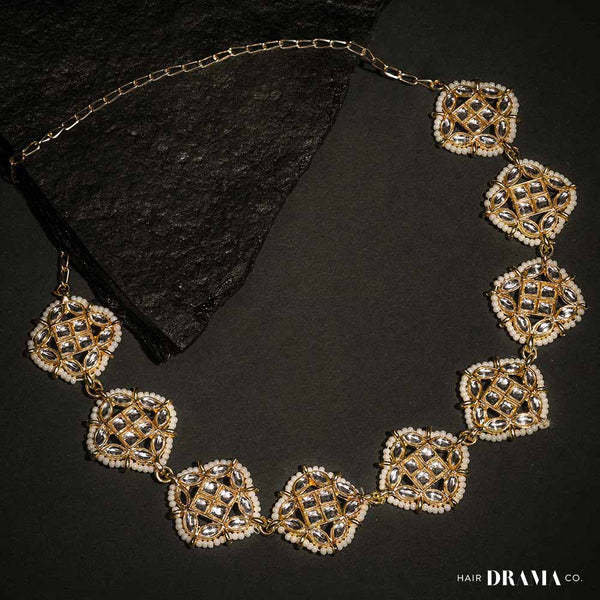 Gold-Plated Kundan, Polki and Pearls Studded Diamond Head Chain
