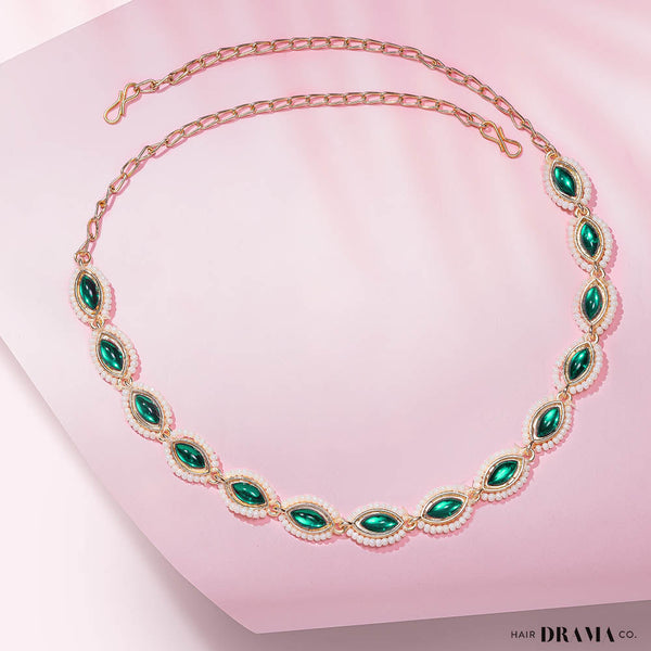 Gold-Plated Kundan, Polki and Pearls Studded Almond-shaped Head Chain - Emerald