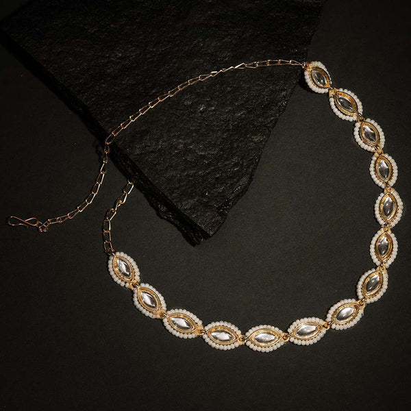 Gold-Plated Kundan, Polki and Pearls Studded Almond-shaped Head Chain