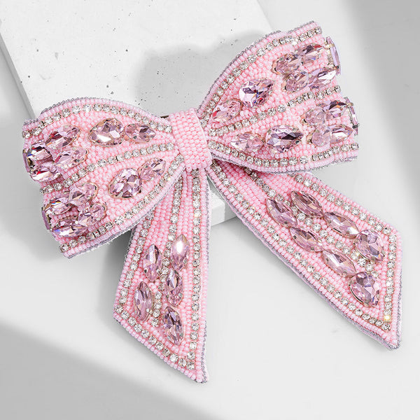 Embellished Crystal Hair Bow Barrette Clip - Pink