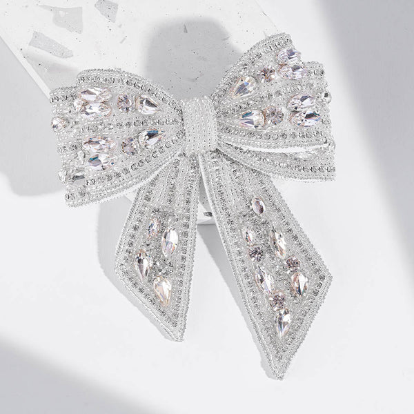 Embellished Crystal Hair Bow Barrette Clip - Silver
