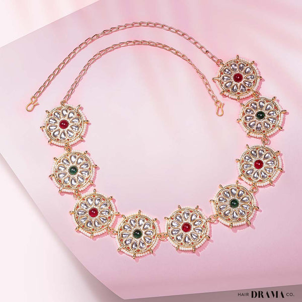 Gold Plated Floral Hair Band with White Polki and Colorful Stones - Red & Green