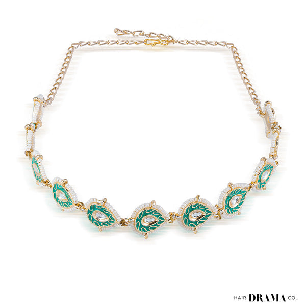 Gold-PlatedWhite Kundan & Polki Head Chain - Turquoise Green