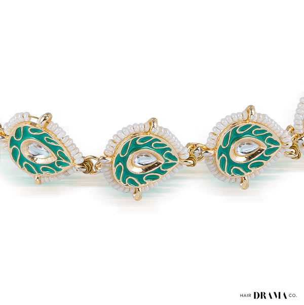 Gold-PlatedWhite Kundan & Polki Head Chain - Turquoise Green