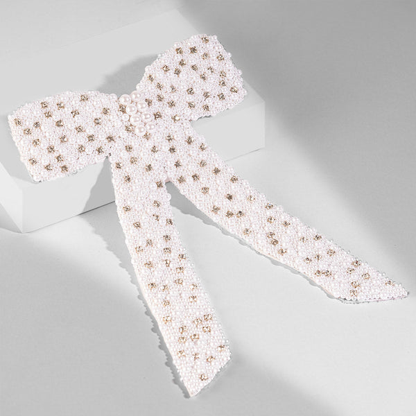 Embellished Pearl & Crystal Hair Bow Barrette Clip - White