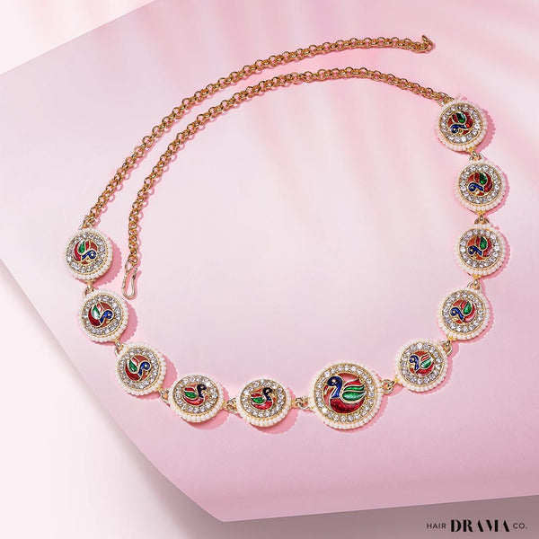 Gold Plated Peacock Hair Band with Pearls and Polki - Red & Green