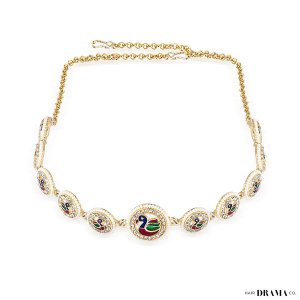 Gold Plated Peacock Hair Band with Pearls and Polki - Red & Green