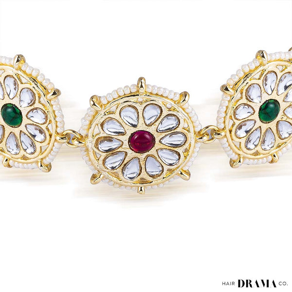 Gold Plated Floral Hair Band with White Polki and Colorful Stones - Red & Green