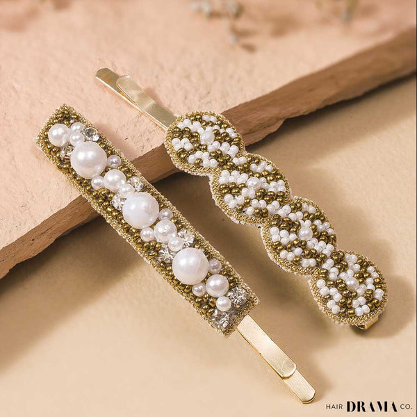Pearl Embellished Hair Pins - Set of 2 - Gold