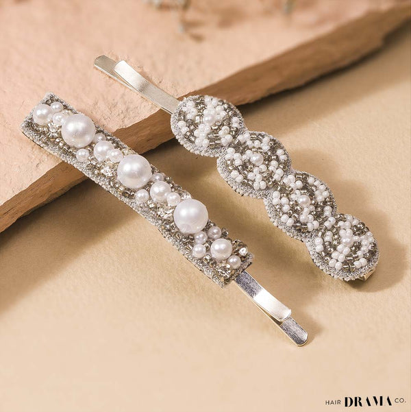 Pearl Embellished Hair Pins - Set of 2 - Silver