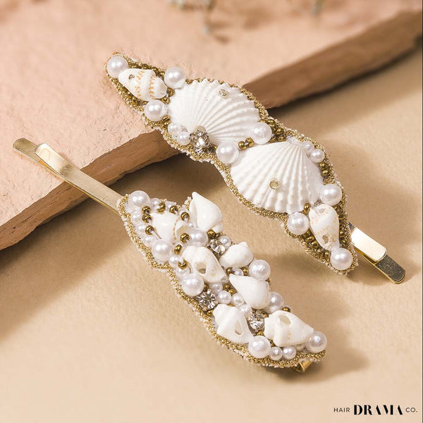Shell & Pearl Embellished Hair Pins - Set of 2 - Gold