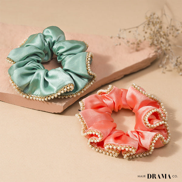 Set of 2 Silk Satin Scrunchies with Pearls - Pink & Mint Green