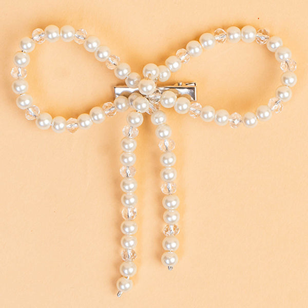Embellished Pearl & Crystal Beads Hair Bow Alligator Clip - Off-White