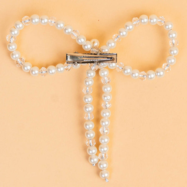 Embellished Pearl & Crystal Beads Hair Bow Alligator Clip - Off-White