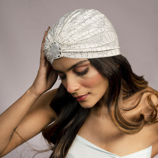 Off - White Turban - Silver Crystals
