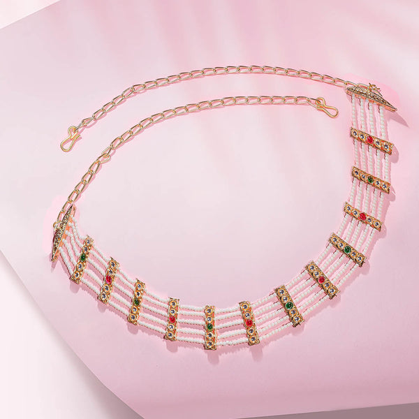 Gold Plated Hair Band with White Polki and Colorful Stones - Red & Green