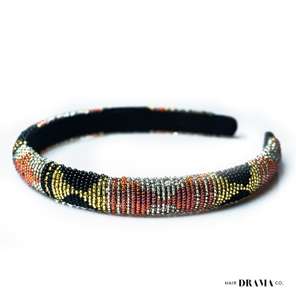 Sleek Beaded Headband - Black & Gold