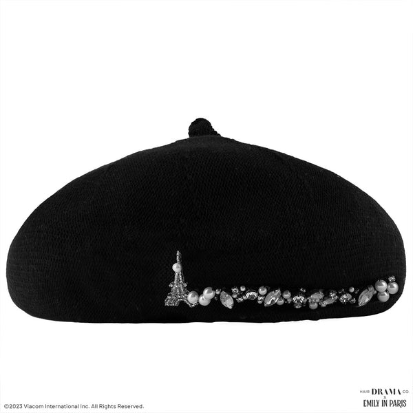 HDC X Emily In Paris Black Beret with Pearls, Crystals & Eiffel Tower Embellishement