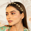 Mint Green Gold Plated Hair Band with White Polki and Transparent Stones