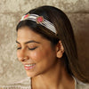 Gold Plated Hair Band with White Polki, Pearls and Enamel in Pink